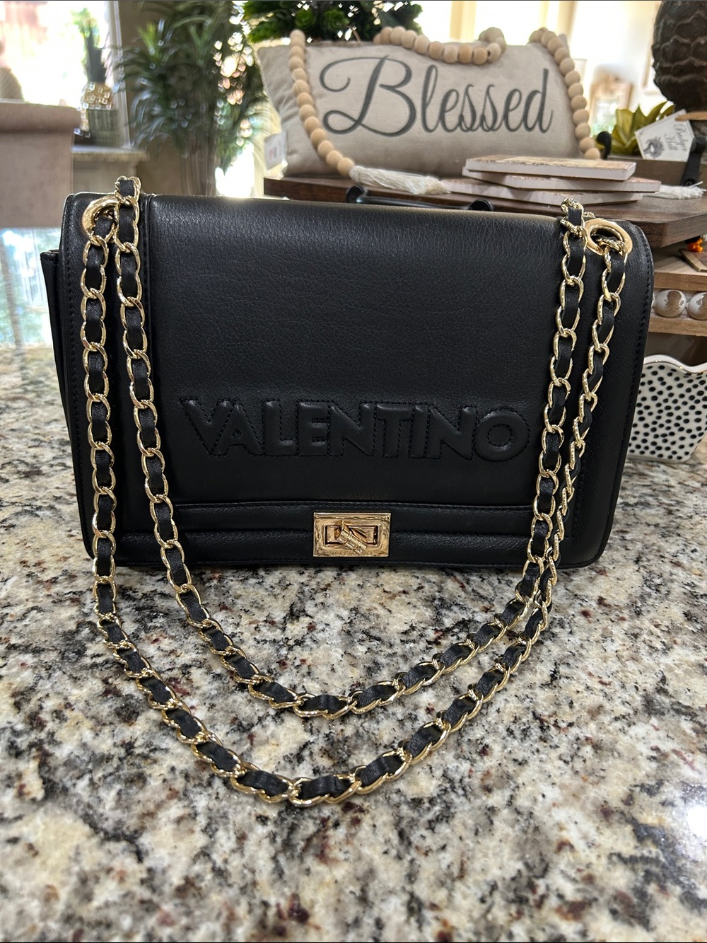 Valentino Black Quilted Leather Shoulder Bag with Gold Chain New no tags